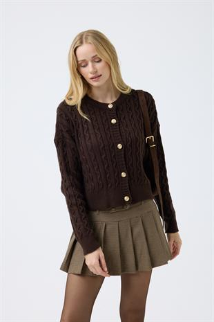  Hazel Saç Örgülü Gold Düğmeli Hırka - Kahve 