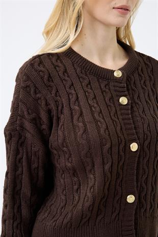  Hazel Saç Örgülü Gold Düğmeli Hırka - Kahve 