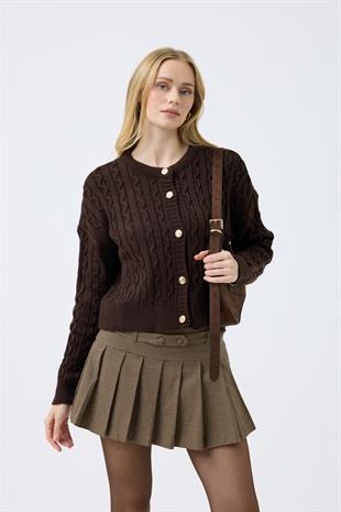  Hazel Saç Örgülü Gold Düğmeli Hırka - Kahve 