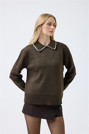  Navy Nakışlı Basic Kazak - Kahve 