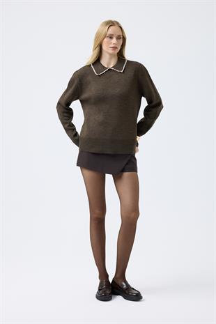  Navy Nakışlı Basic Kazak - Kahve 