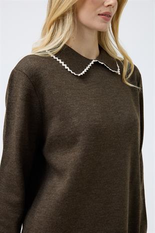  Navy Nakışlı Basic Kazak - Kahve 