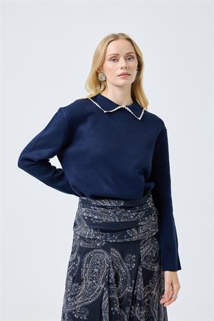  Navy Nakışlı Basic Kazak - Lacivert