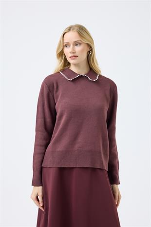  Navy Nakışlı Basic Kazak - Mürdüm 