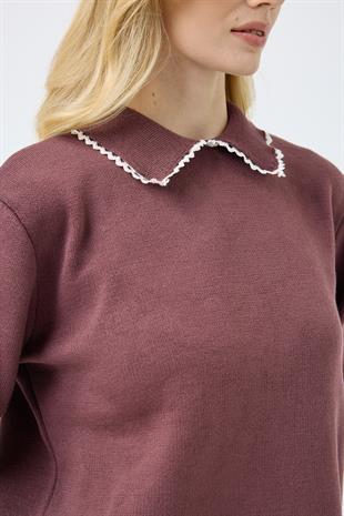  Navy Nakışlı Basic Kazak - Mürdüm 