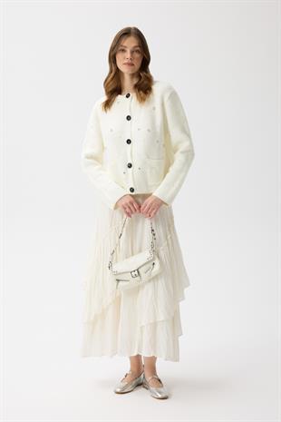 Alaia Taş İşlemeli Cepli Hırka - Ekru 