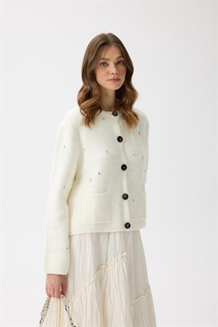 Alaia Taş İşlemeli Cepli Hırka - Ekru 