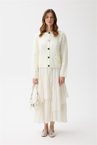 Alaia Taş İşlemeli Cepli Hırka - Ekru 