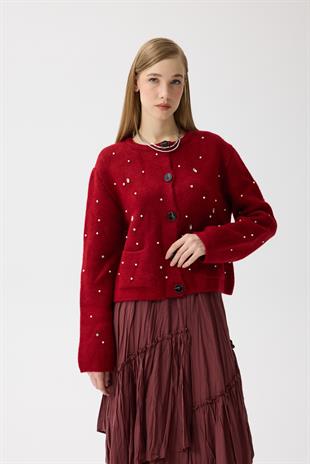 Alaia Taş İşlemeli Cepli Hırka - Kırmızı