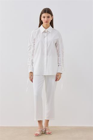 Alara Kol Büzgülü Taşlı Gömlek- Beyaz