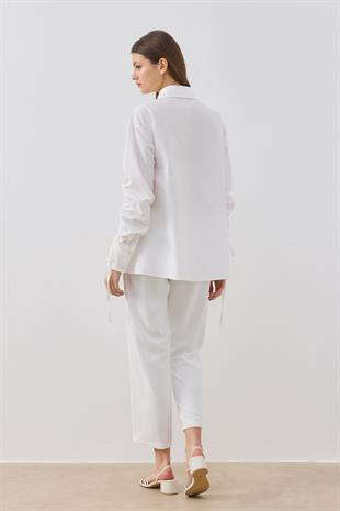 Alara Kol Büzgülü Taşlı Gömlek- Beyaz