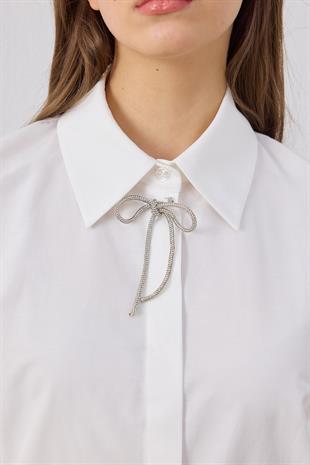 Alara Kol Büzgülü Taşlı Gömlek- Beyaz