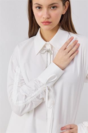 Alara Kol Büzgülü Taşlı Gömlek- Beyaz