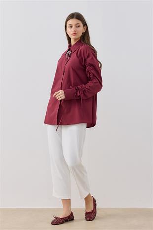 Alara Kol Büzgülü Taşlı Gömlek- Bordo