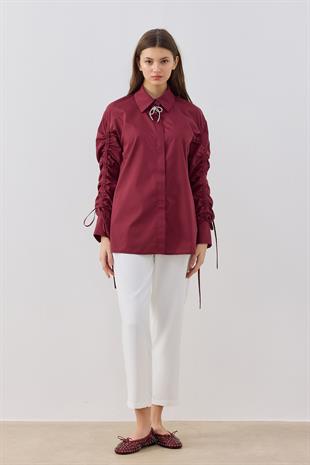 Alara Kol Büzgülü Taşlı Gömlek- Bordo