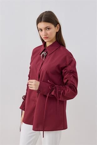 Alara Kol Büzgülü Taşlı Gömlek- Bordo