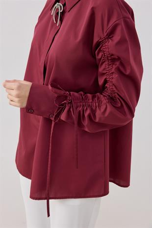 Alara Kol Büzgülü Taşlı Gömlek- Bordo