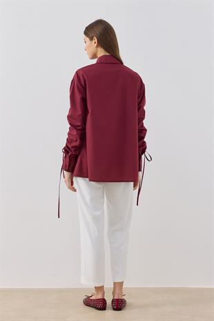 Alara Kol Büzgülü Taşlı Gömlek- Bordo