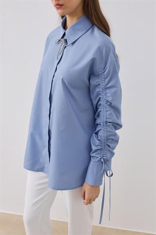 Alara Kol Büzgülü Taşlı Gömlek- Mavi 