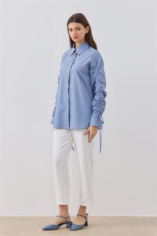 Alara Kol Büzgülü Taşlı Gömlek- Mavi 