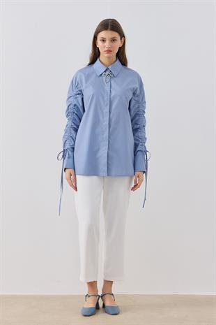Alara Kol Büzgülü Taşlı Gömlek- Mavi 