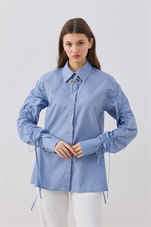 Alara Kol Büzgülü Taşlı Gömlek- Mavi 