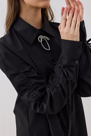 Alara Kol Büzgülü Taşlı Gömlek- Siyah 