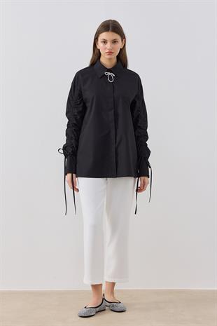 Alara Kol Büzgülü Taşlı Gömlek- Siyah 