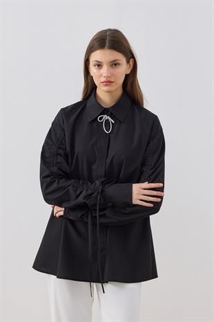 Alara Kol Büzgülü Taşlı Gömlek- Siyah 