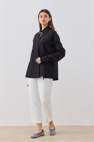 Alara Kol Büzgülü Taşlı Gömlek- Siyah 