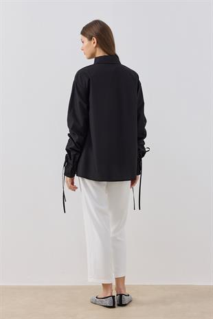 Alara Kol Büzgülü Taşlı Gömlek- Siyah 