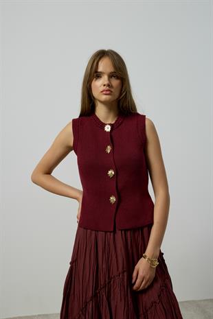 Alina Aksesuar Düğmeli Süveter - Bordo 