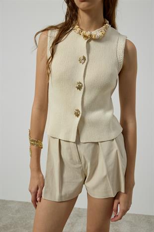 Alina Aksesuar Düğmeli Süveter - Krem