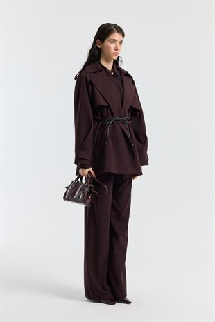 Aller Detaylı Deri Kemerli Trenç - Bordo