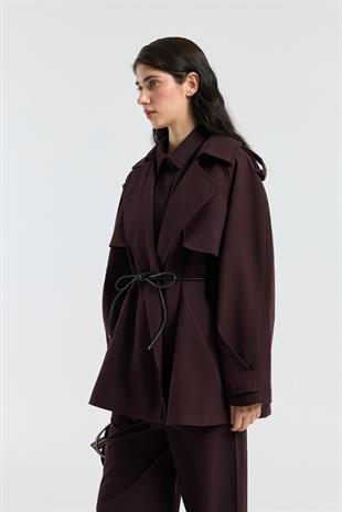 Aller Detaylı Deri Kemerli Trenç - Bordo