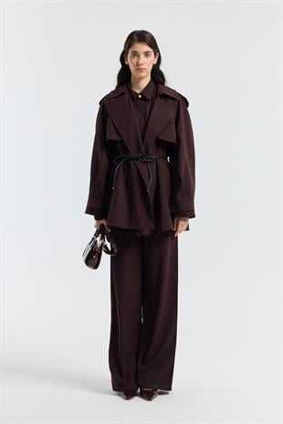 Aller Detaylı Deri Kemerli Trenç - Bordo