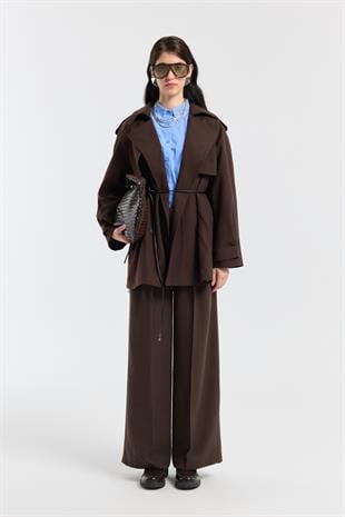 Aller Detaylı Deri Kemerli Trenç - Kahverengi