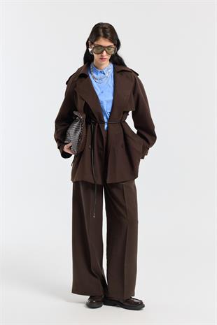 Aller Detaylı Deri Kemerli Trenç - Kahverengi