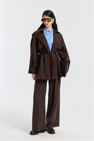 Aller Detaylı Deri Kemerli Trenç - Kahverengi