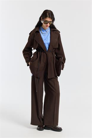 Aller Detaylı Deri Kemerli Trenç - Kahverengi