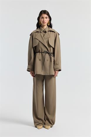 Aller Detaylı Deri Kemerli Trenç - Vizon