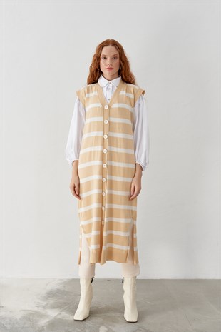 Almira Line Detailed Maxi Height Knitwear Vest - Camel