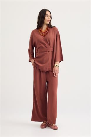 Alora Kemerli Keten Karışımlı Takım - Bakır
