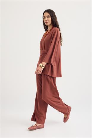 Alora Kemerli Keten Karışımlı Takım - Bakır