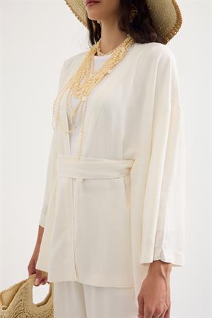 Alora Kemerli Keten Karışımlı Takım - Ekru