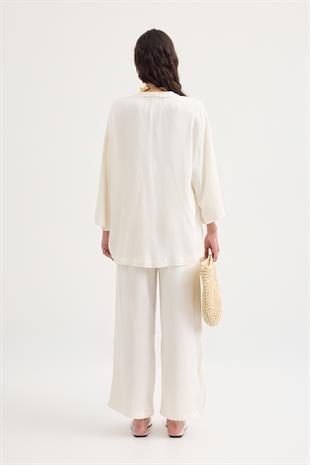 Alora Kemerli Keten Karışımlı Takım - Ekru