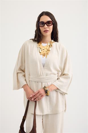 Alora Kemerli Keten Karışımlı Takım - Natürel