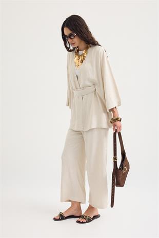 Alora Kemerli Keten Karışımlı Takım - Natürel