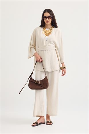 Alora Kemerli Keten Karışımlı Takım - Natürel