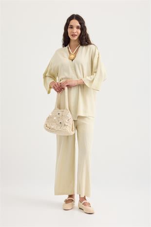 Alora Kemerli Keten Karışımlı Takım - Sarı